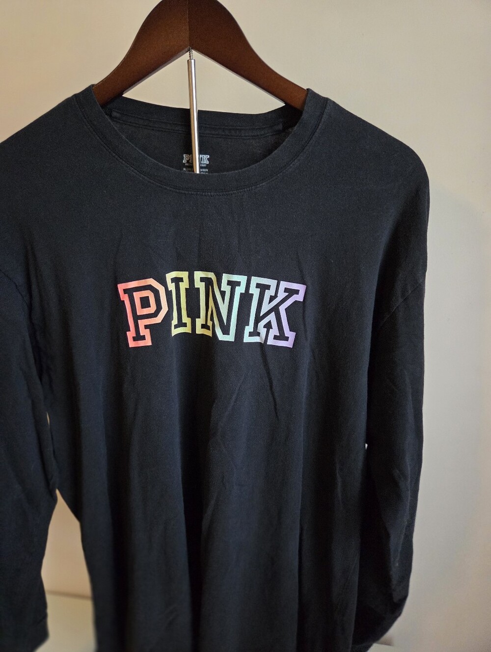 PINK Victoria's Secret Black Long-Sleeve Tee with Rainbow Gradient Logo